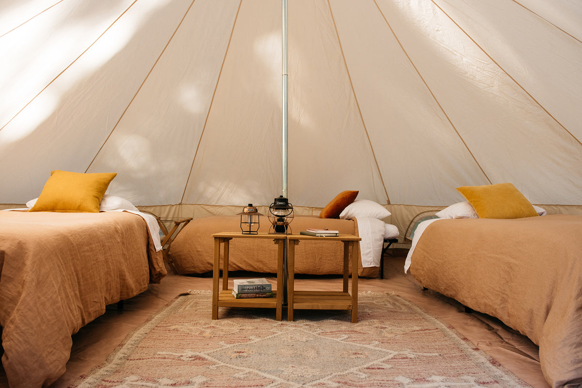 Inside a glamping tent at Spirit Camp