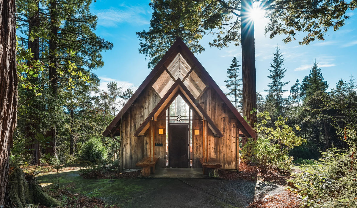 The sanctuary building at Spirit Camp among the redwoods