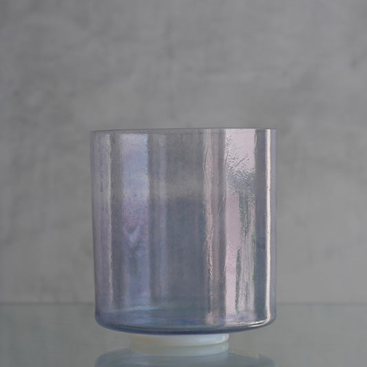 Crystal Tones 7-inch G#-5 crystal singing bowl in Androgynous Indium, side view on a glass shelf